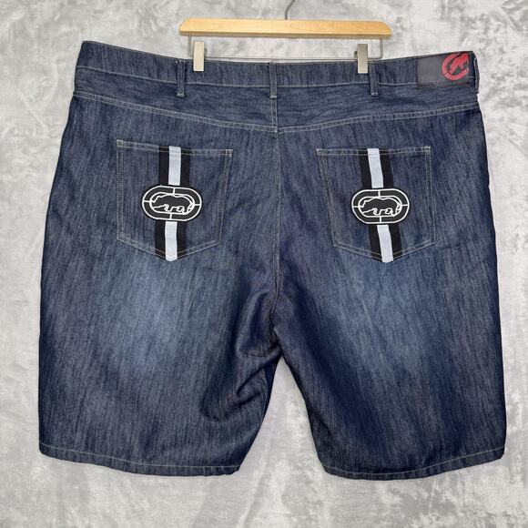 Ecko Unltd Shorts Mens 48 Blue Denim Dark Wash Embroidered Rhino Logo Y2K Baggy - Picture 1 of 10